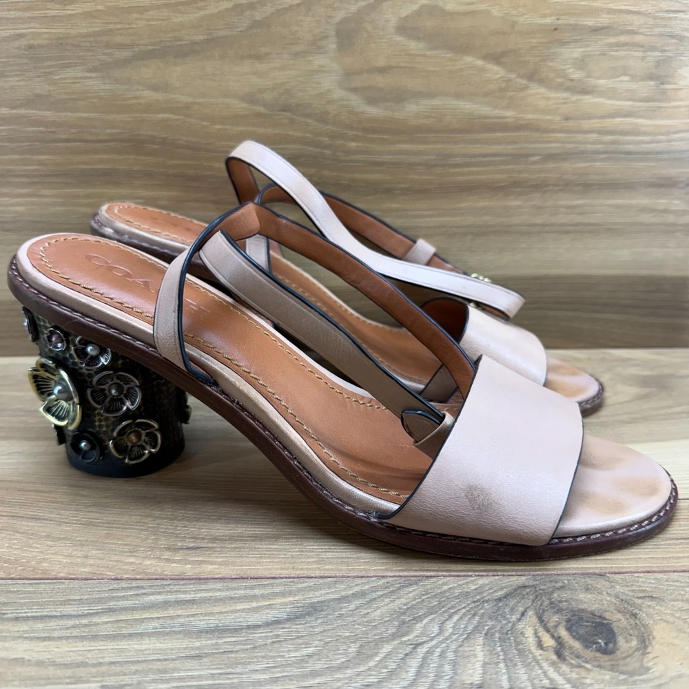 Coach Metal Tea Rose Flower Sandals 11 B Beachwood Nude Leather Ankle Strap Heel